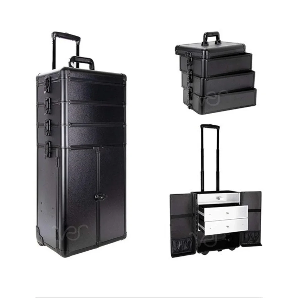 Rolling Makeup Train Case Aluminum Cosmetic Trolley Organizer Box Black